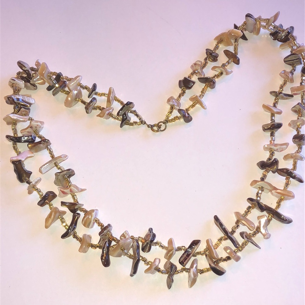 Elegant Vintage Brown and Cream Shell Beaded Boho Necklace
